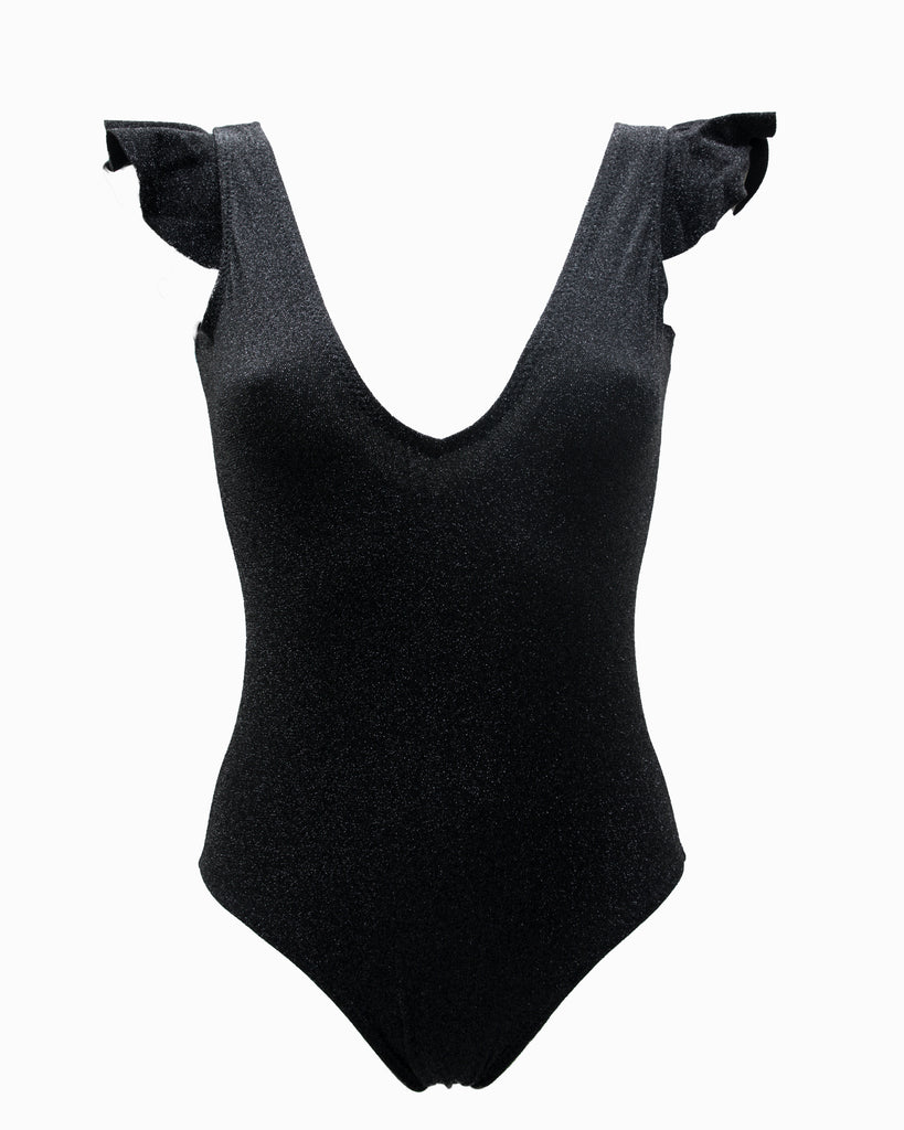 traje de baño con volantes en los hombros en color negro, maravilloso tejido con hilo de lurex y efecto reductor